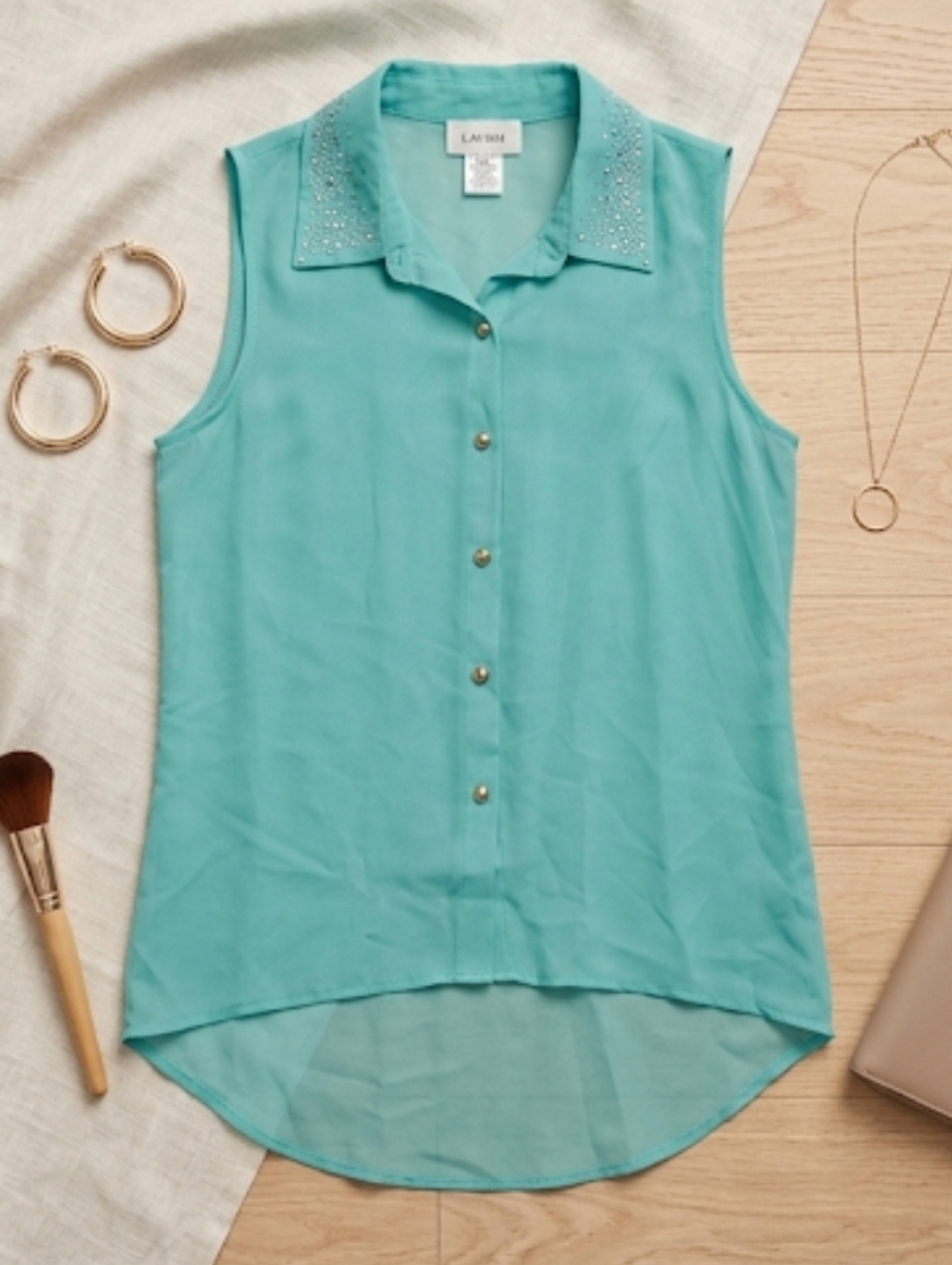 Sheer Sleeveless Button-Down Blouse Sequin Collar Aqua Medium-Large by Lavish